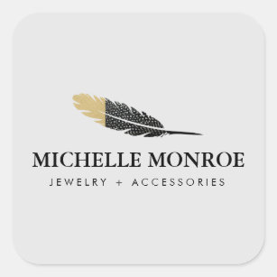 Trendy Gold Dipped Boho Feather Designer Gray Square Sticker