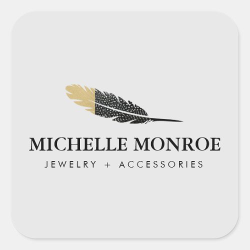 Trendy Gold Dipped Boho Feather Designer Gray Square Sticker