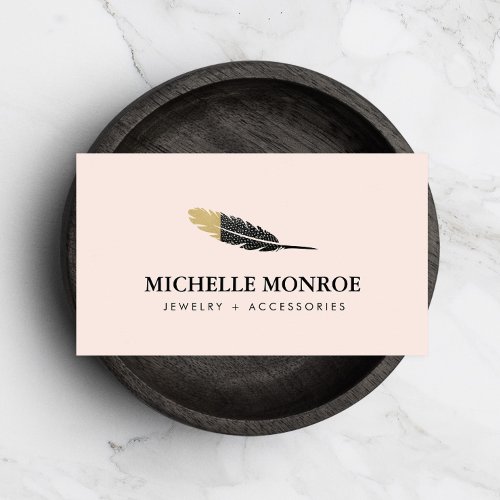 Trendy Gold Dipped Boho Feather Designer Pink Business Card
