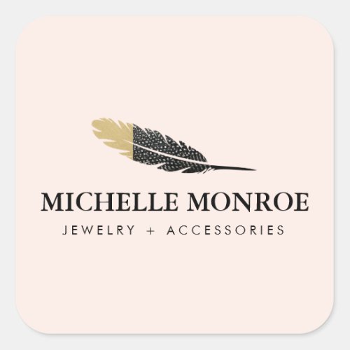 Trendy Gold Dipped Boho Feather Designer Pink Square Sticker