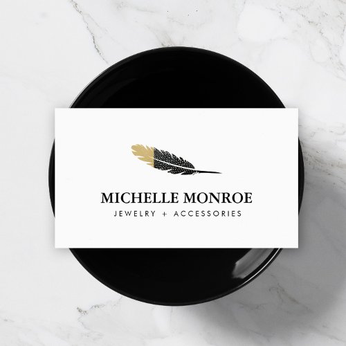 Trendy Gold Dipped Boho Feather Designer White Business Card