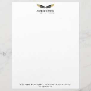 Trendy Gold Dipped Boho Feather Designer White Letterhead