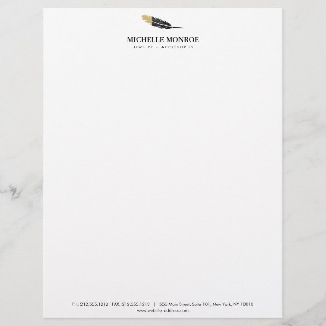 Trendy Gold Dipped Boho Feather Designer White Letterhead (Front)
