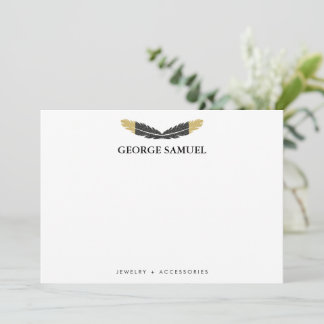 Trendy Gold Dipped Boho Feather Designer White Note Card