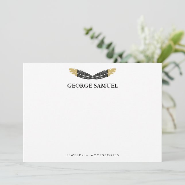 Trendy Gold Dipped Boho Feather Designer White Note Card (Standing Front)