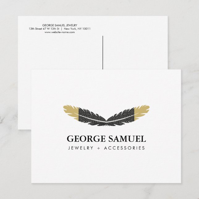 Trendy Gold Dipped Boho Feather Designer White Postcard (Front/Back)