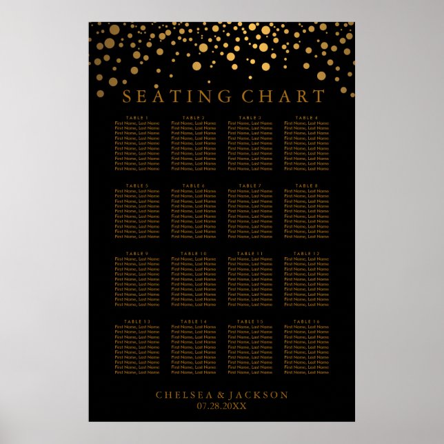 Trendy Gold Dots on Black - 16 Table Seating Chart (Front)