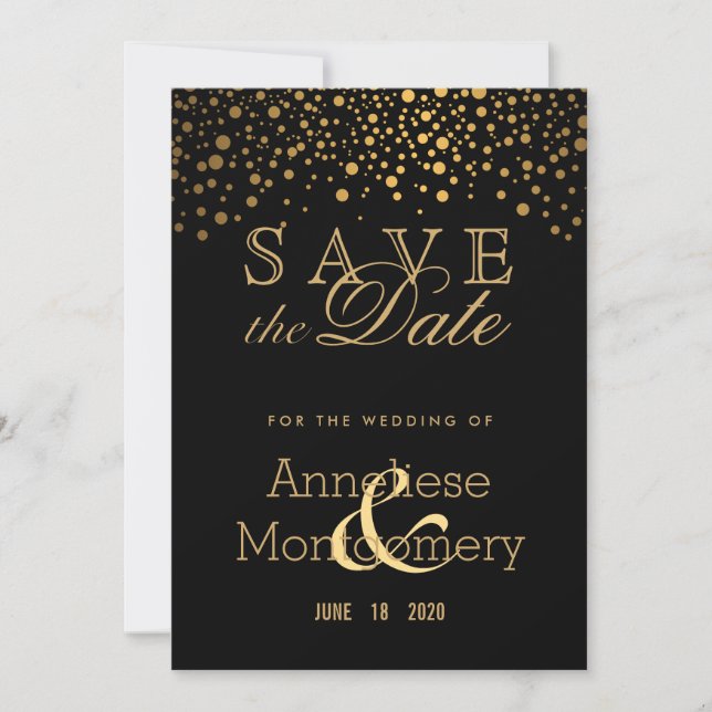 Trendy Gold Dots on Black - Save the Date (Front)