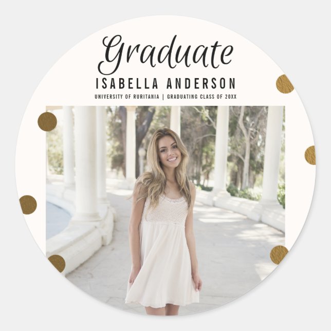 Trendy Gold Dots & Stripes Modern Graduation Party Classic Round Sticker (Front)