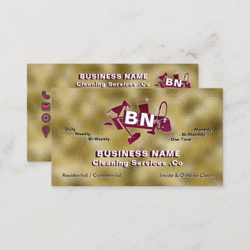 Trendy Gold Elegant Cleaning Service Burgundy Logo Business Card