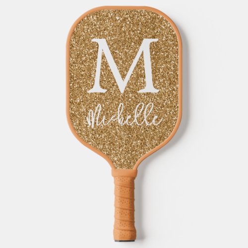 Trendy Gold Faux Glitter Monogram Initial Name Pickleball Paddle