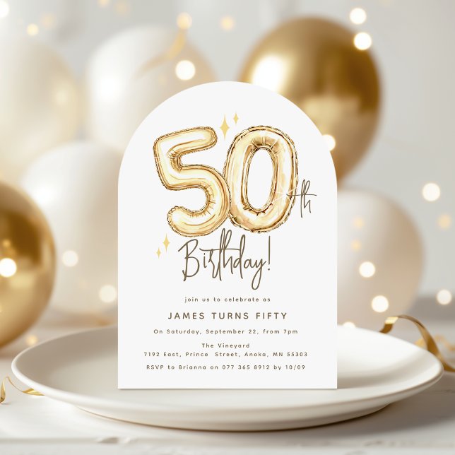 Trendy Gold Fifty Balloons 50th Birthday Party Invitation (Creator Uploaded)