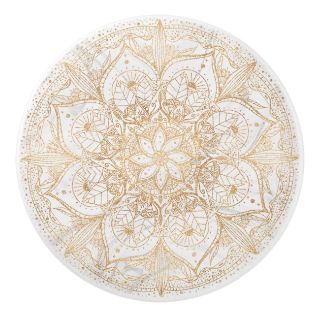 Trendy Gold Floral Mandala Marble Design Ceramic Knob (Front)