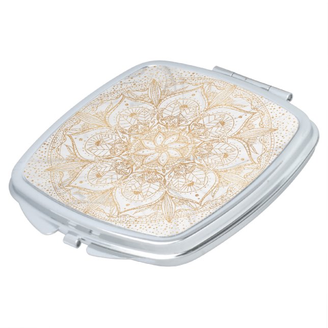 Trendy Gold Floral Mandala Marble Design Compact Mirror (Turned)