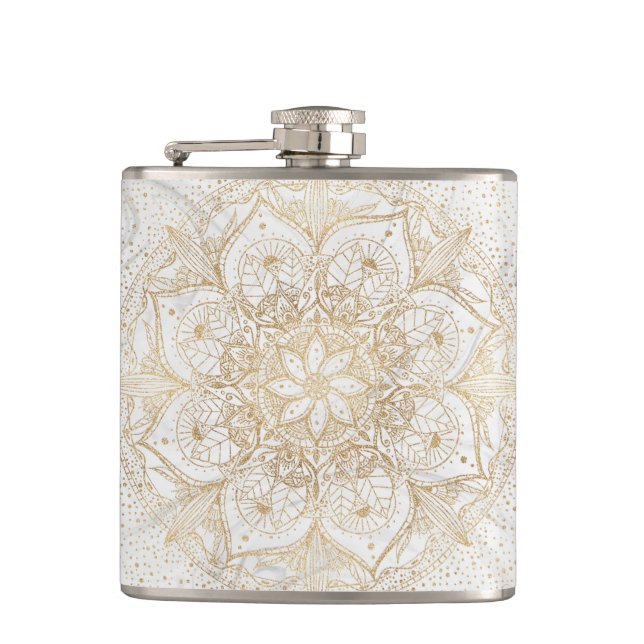 Trendy Gold Floral Mandala Marble Design Flask (Front)