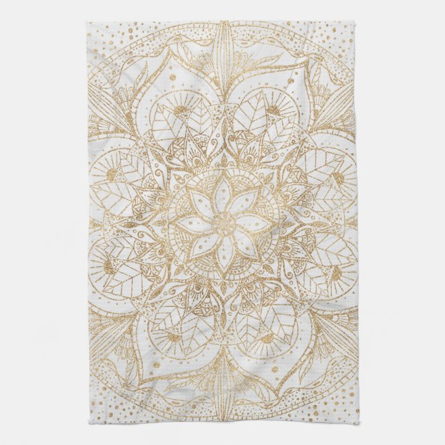 Trendy Gold Floral Mandala Marble Design Kitchen Towel (Vertical)