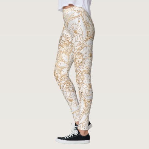 Trendy Gold Floral Mandala Marble Design Leggings