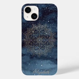 Trendy Gold Floral Mandala Navy Blue Case-Mate iPhone 14 Case