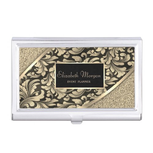 Trendy Gold Floral Swirls Black Frame Business Card Case