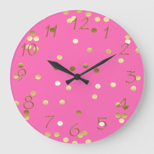 Trendy Gold Foil Confetti Hot Pink Large Clock
