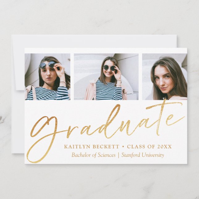 Trendy Gold Foil Script 3 Photo Graduation Announcement (Front)