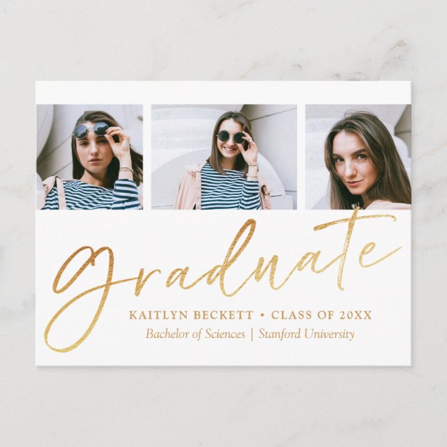 Trendy Gold Foil Script 3 Photo Graduation Announcement Postcard (Front)