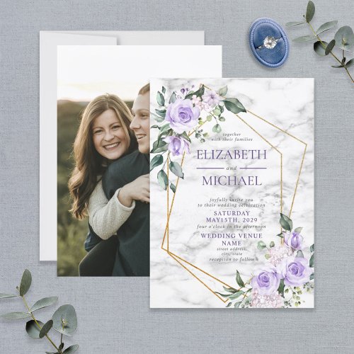 Trendy Gold Geometric Lilac Floral Marble Photo Invitation