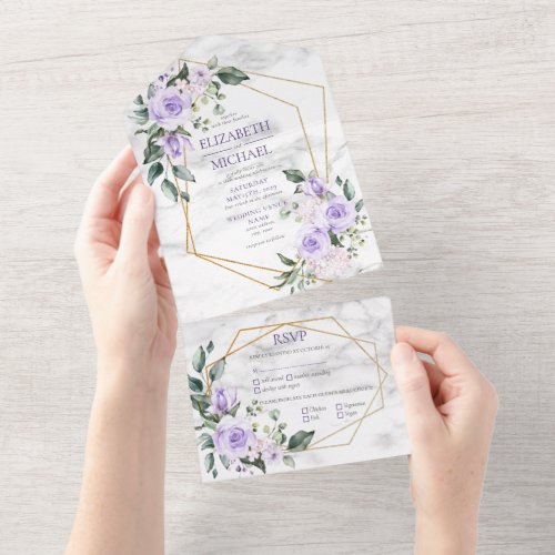 Trendy Gold Geometric Lilac Floral Marble Spring All In One Invitation