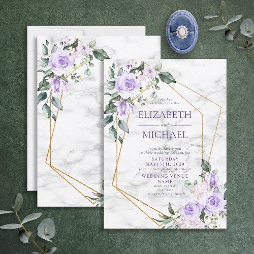 Trendy Gold Geometric Lilac Floral Marble Spring Invitation