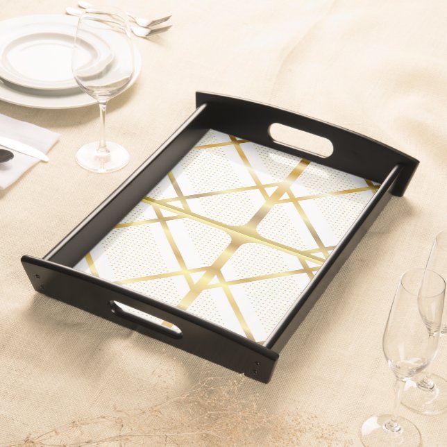 Trendy Gold Geometric Pattern White Stylish Art Serving Tray (Front)