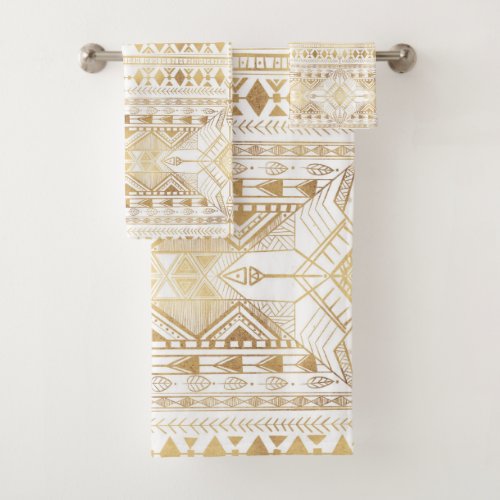 Trendy Gold Geometric Tribal Aztec Pattern Bath Towel Set