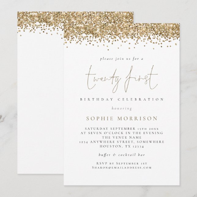 Trendy Gold Glitter 21st Birthday Party Invitation (Front/Back)