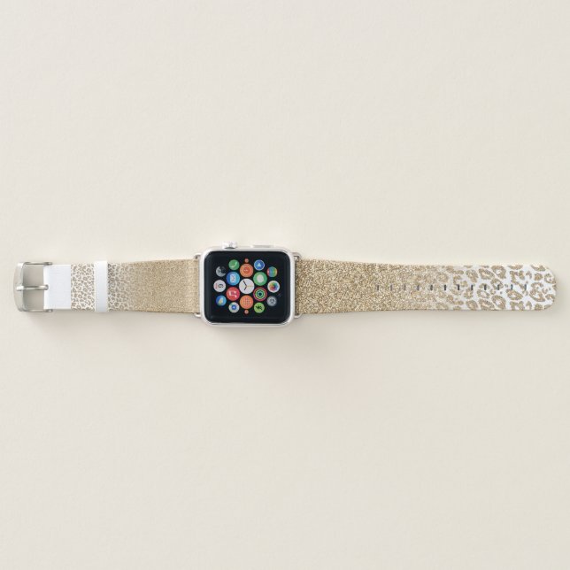 Trendy Gold Glitter and Leopard Print Gradient Apple Watch Band (Front)