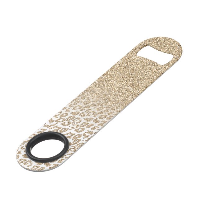 Trendy Gold Glitter and Leopard Print Gradient Bar Key (Front Angled)
