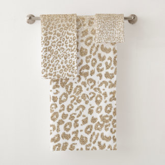 Trendy Gold Glitter and Leopard Print Gradient Bath Towel Set