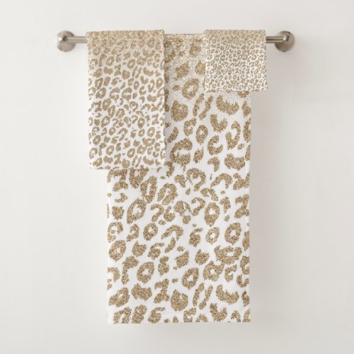 Trendy Gold Glitter and Leopard Print Gradient Bath Towel Set
