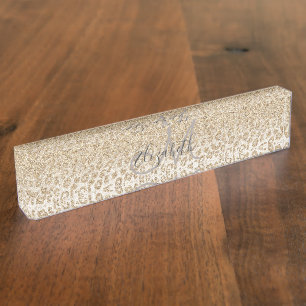 Trendy Gold Glitter and Leopard Print Gradient Desk Name Plate