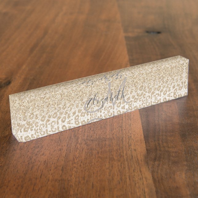 Trendy Gold Glitter and Leopard Print Gradient Desk Name Plate (Side)