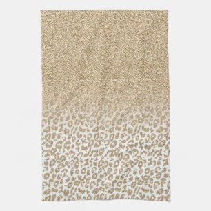 Trendy Gold Glitter and Leopard Print Gradient Kitchen Towel