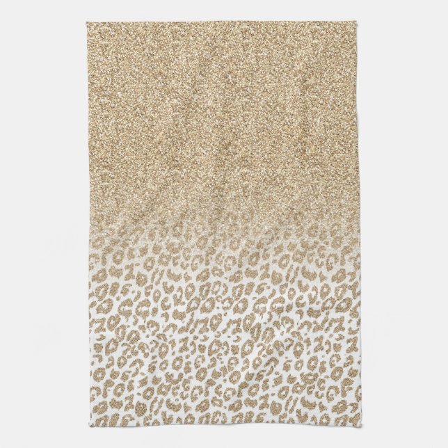 Trendy Gold Glitter and Leopard Print Gradient Kitchen Towel (Vertical)