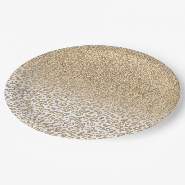 Trendy Gold Glitter and Leopard Print Gradient Paper Plates (Angled)