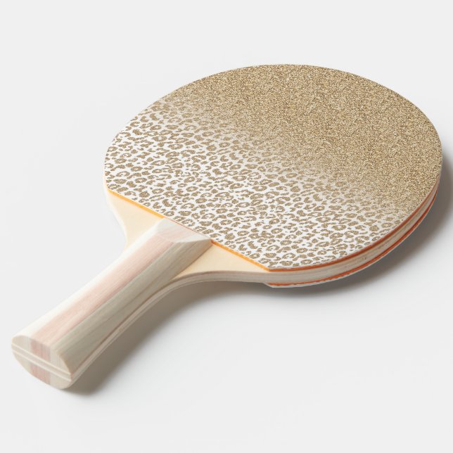 Trendy Gold Glitter and Leopard Print Gradient Ping Pong Paddle (Front Angle)