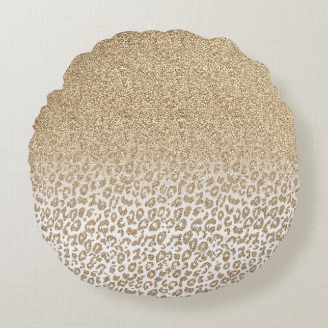 Trendy Gold Glitter and Leopard Print Gradient Round Pillow (Front)