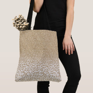 Trendy Gold Glitter and Leopard Print Gradient Tote Bag