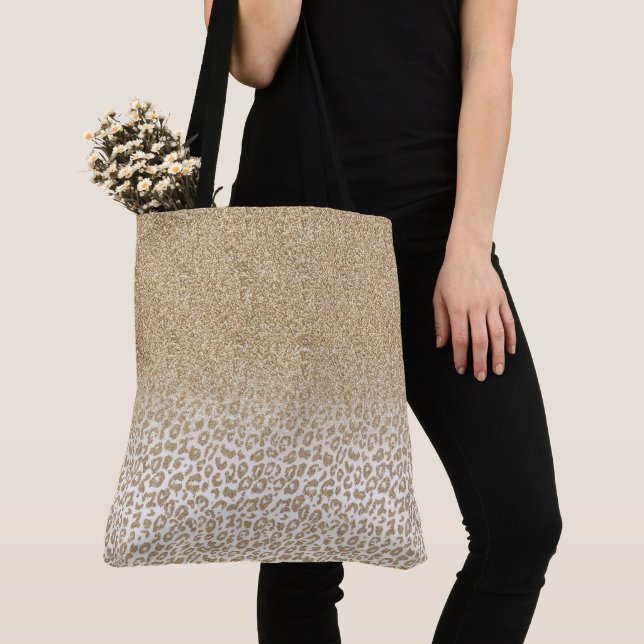 Trendy Gold Glitter and Leopard Print Gradient Tote Bag (Close Up)