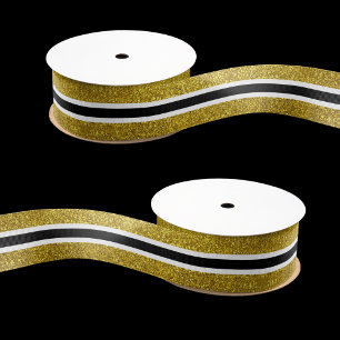 Trendy Gold Glitter Black And White Striped Grosgrain Ribbon