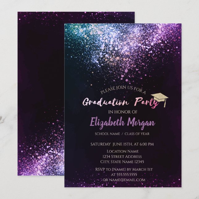 Trendy Gold Glitter Cap, Confetti Graduation Party Invitation (Front/Back)