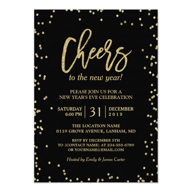 Trendy Gold Glitter Cheers New Year's Eve Party Invitation