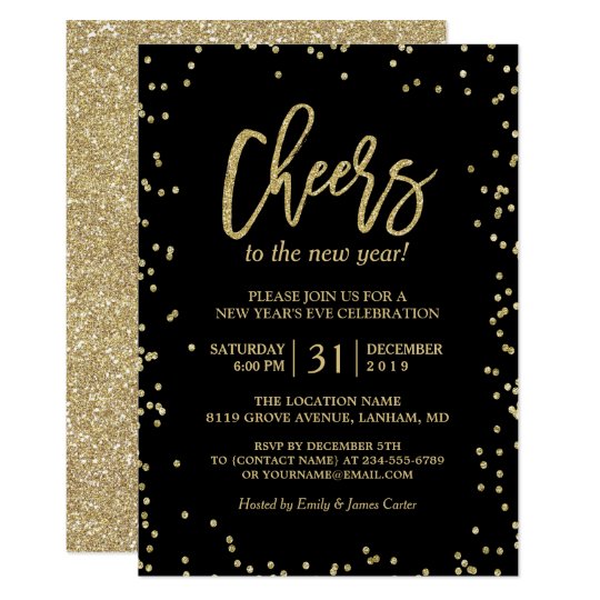 trendy gold glitter cheers new year s eve party invitation zazzle com