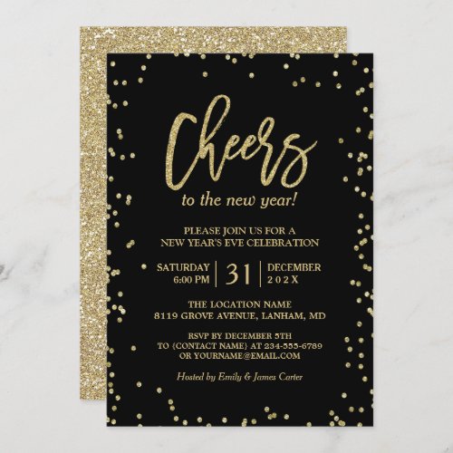 Trendy Gold Glitter Cheers New Years Eve Party Invitation